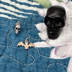 Sterling Silver Bat & Skull Charm Pendants & Black Skull Bead